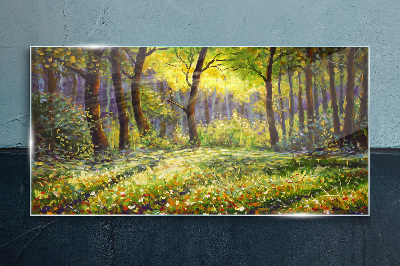 Golden light in the forest grove Glass art print