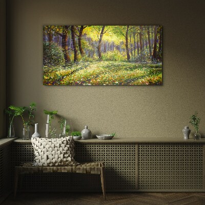 Golden light in the forest grove Glass art print