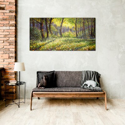 Golden light in the forest grove Glass art print