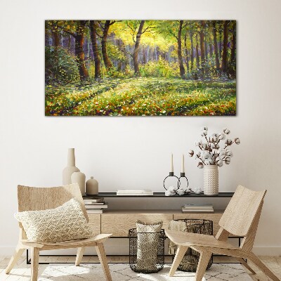 Golden light in the forest grove Glass art print