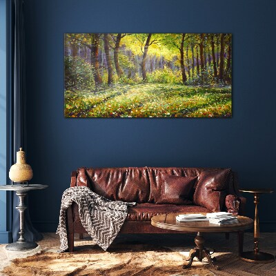 Golden light in the forest grove Glass art print