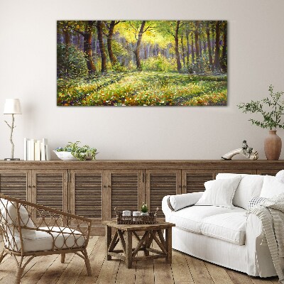 Golden light in the forest grove Glass art print