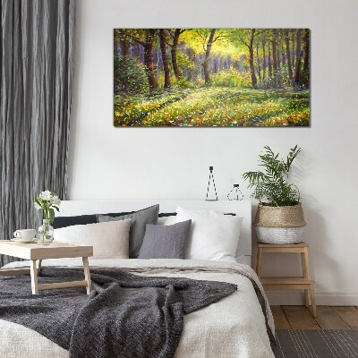 Golden light in the forest grove Glass art print