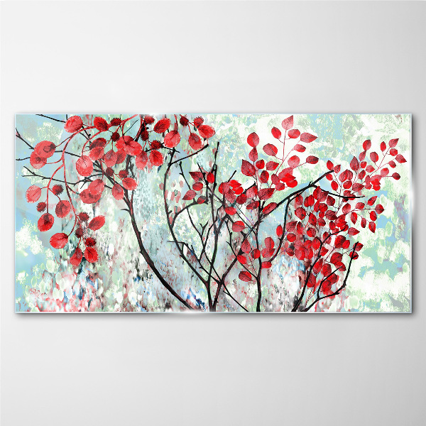 Red leaves on a blue background Wall art on glass