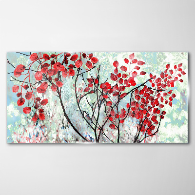 Red leaves on a blue background Wall art on glass