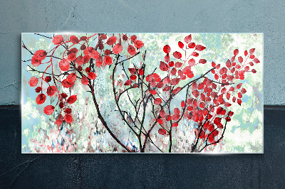 Red leaves on a blue background Wall art on glass