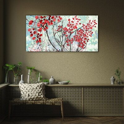 Red leaves on a blue background Wall art on glass