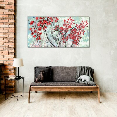 Red leaves on a blue background Wall art on glass