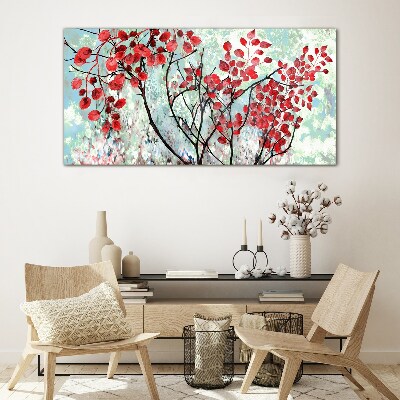 Red leaves on a blue background Wall art on glass