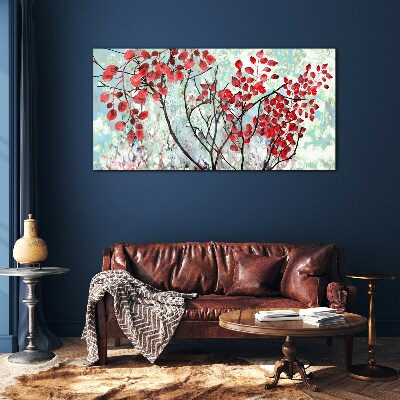 Red leaves on a blue background Wall art on glass