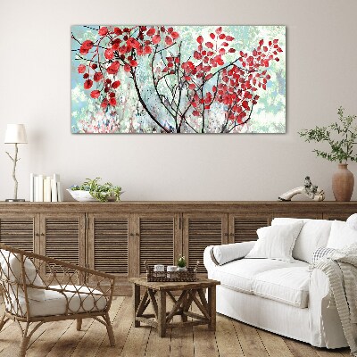 Red leaves on a blue background Wall art on glass