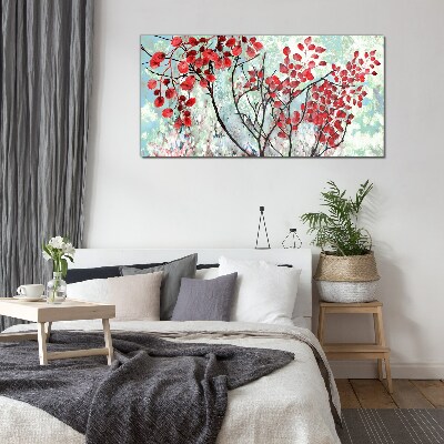Red leaves on a blue background Wall art on glass
