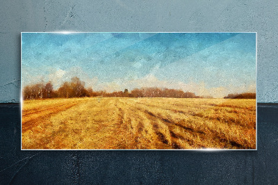 Golden fields under blue sky Glass art print