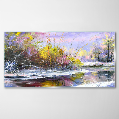 Winter landscape with a river Glass art print