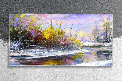 Winter landscape with a river Glass art print