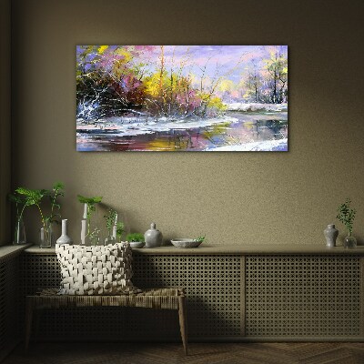 Winter landscape with a river Glass art print