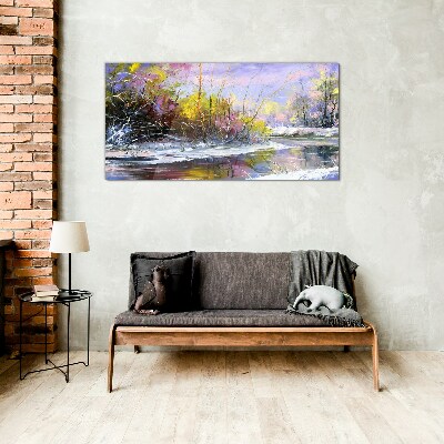 Winter landscape with a river Glass art print