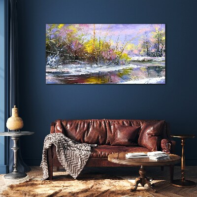 Winter landscape with a river Glass art print