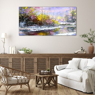 Winter landscape with a river Glass art print