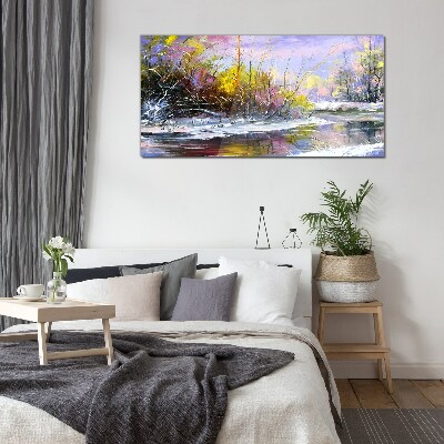 Winter landscape with a river Glass art print