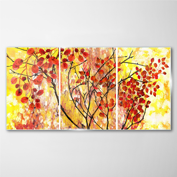 Autumn leaves on a yellow background Wall art on glass