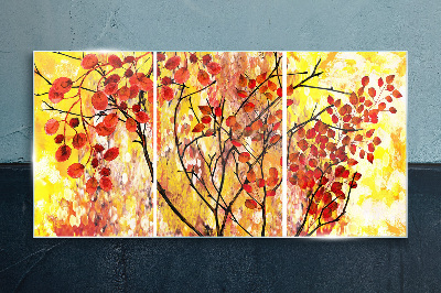 Autumn leaves on a yellow background Wall art on glass