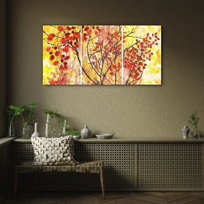 Autumn leaves on a yellow background Wall art on glass