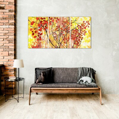 Autumn leaves on a yellow background Wall art on glass
