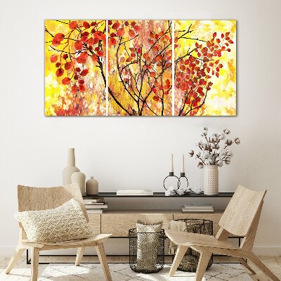 Autumn leaves on a yellow background Wall art on glass