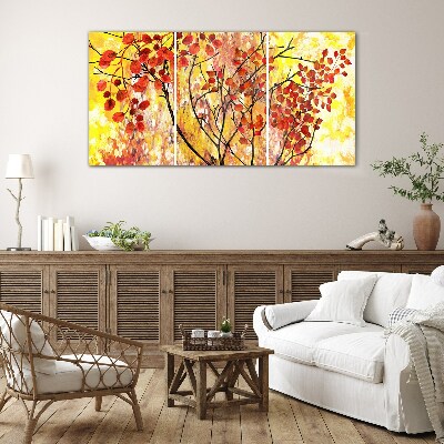 Autumn leaves on a yellow background Wall art on glass