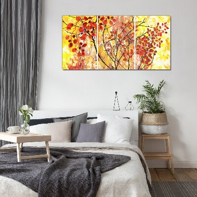 Autumn leaves on a yellow background Wall art on glass