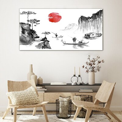 Peaceful landscape with sunset Wall art on glass