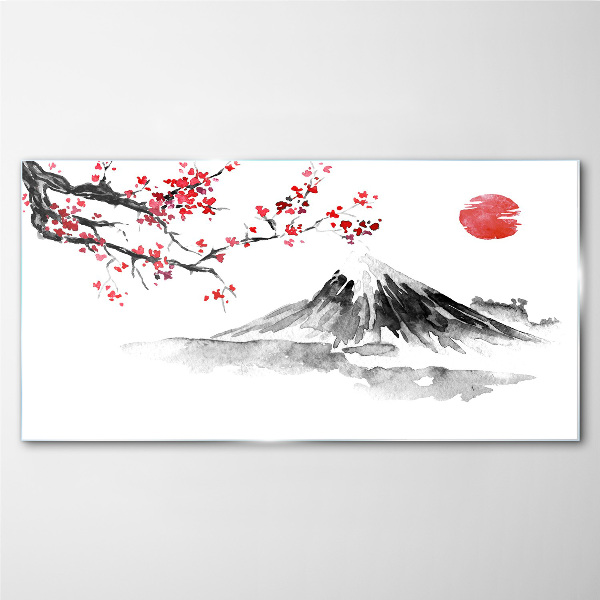 Cherry blossoms and mountain landscape Glass art print