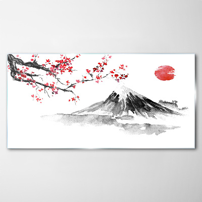 Cherry blossoms and mountain landscape Glass art print
