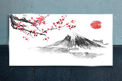 Cherry blossoms and mountain landscape Glass art print