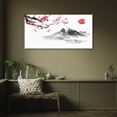 Cherry blossoms and mountain landscape Glass art print