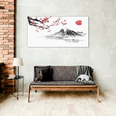 Cherry blossoms and mountain landscape Glass art print