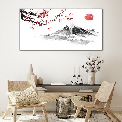 Cherry blossoms and mountain landscape Glass art print