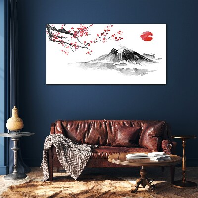 Cherry blossoms and mountain landscape Glass art print