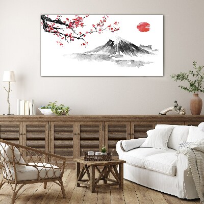 Cherry blossoms and mountain landscape Glass art print