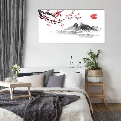 Cherry blossoms and mountain landscape Glass art print