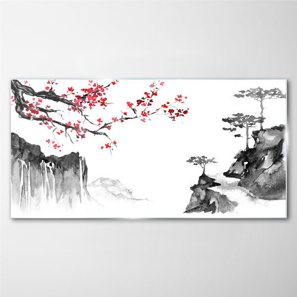 Japanese-style floral landscapes Wall art on glass