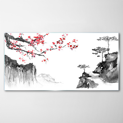 Japanese-style floral landscapes Wall art on glass