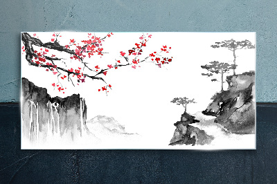 Japanese-style floral landscapes Wall art on glass