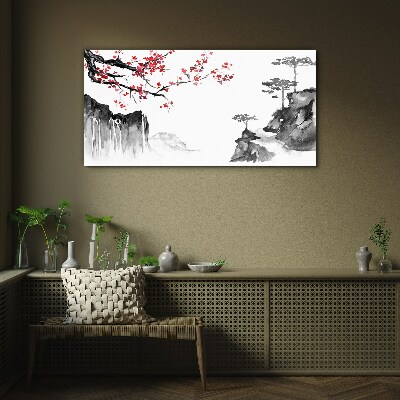Japanese-style floral landscapes Wall art on glass