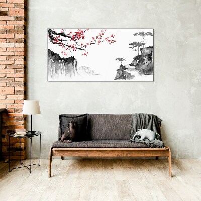 Japanese-style floral landscapes Wall art on glass