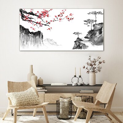 Japanese-style floral landscapes Wall art on glass