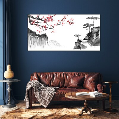 Japanese-style floral landscapes Wall art on glass