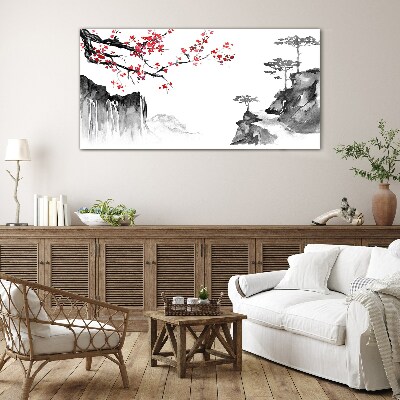 Japanese-style floral landscapes Wall art on glass