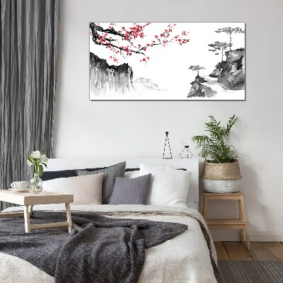 Japanese-style floral landscapes Wall art on glass